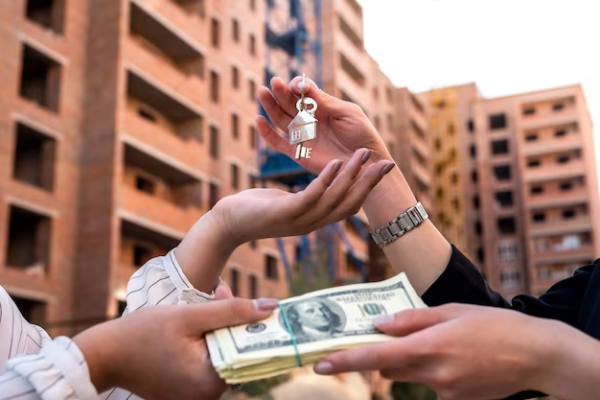 Two people's hands exchanging keys and money.