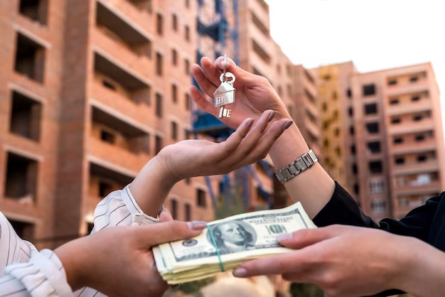 Two people's hands exchanging keys and money.