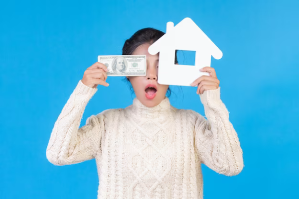 A girl holds a figurine of a house and money in her hands.
