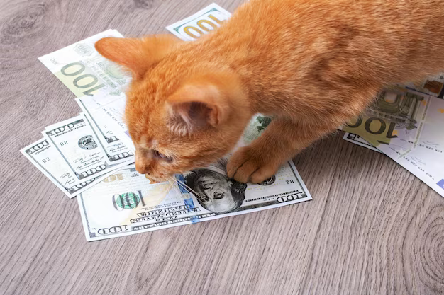 Cat plays with banknotes