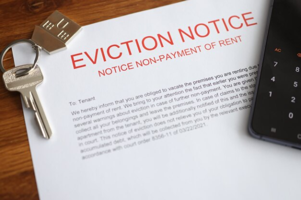 Image of a house key alongside an eviction notice document and a calculator.