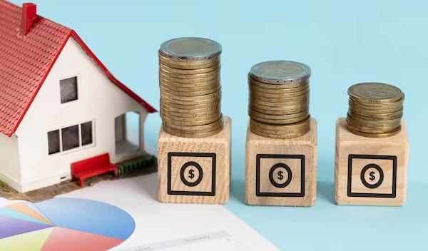 Coins on wooden cubes with a dollar, next to a figurine of a house