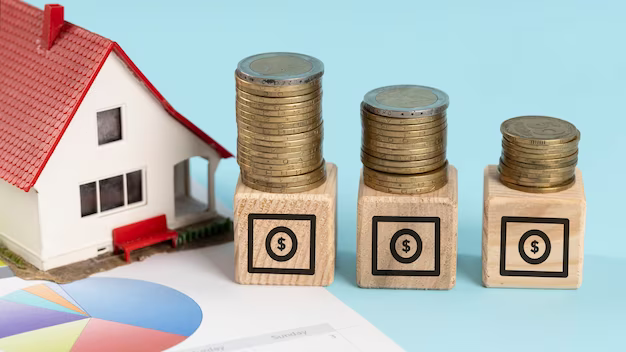 Coins on wooden cubes with a dollar, next to a figurine of a house