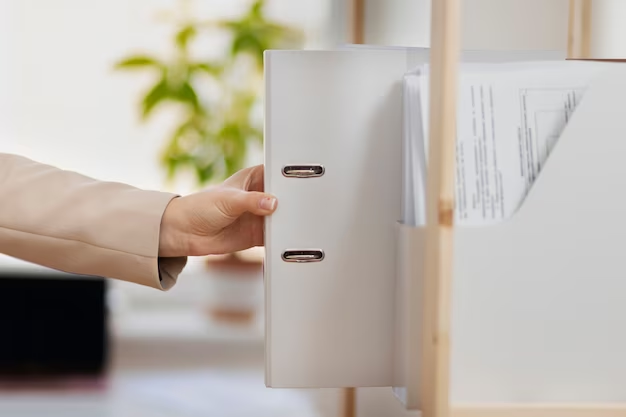 Hand placing a file onto a shelf folder. 