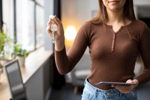 Woman holding a house key in one hand and a tablet in the other.